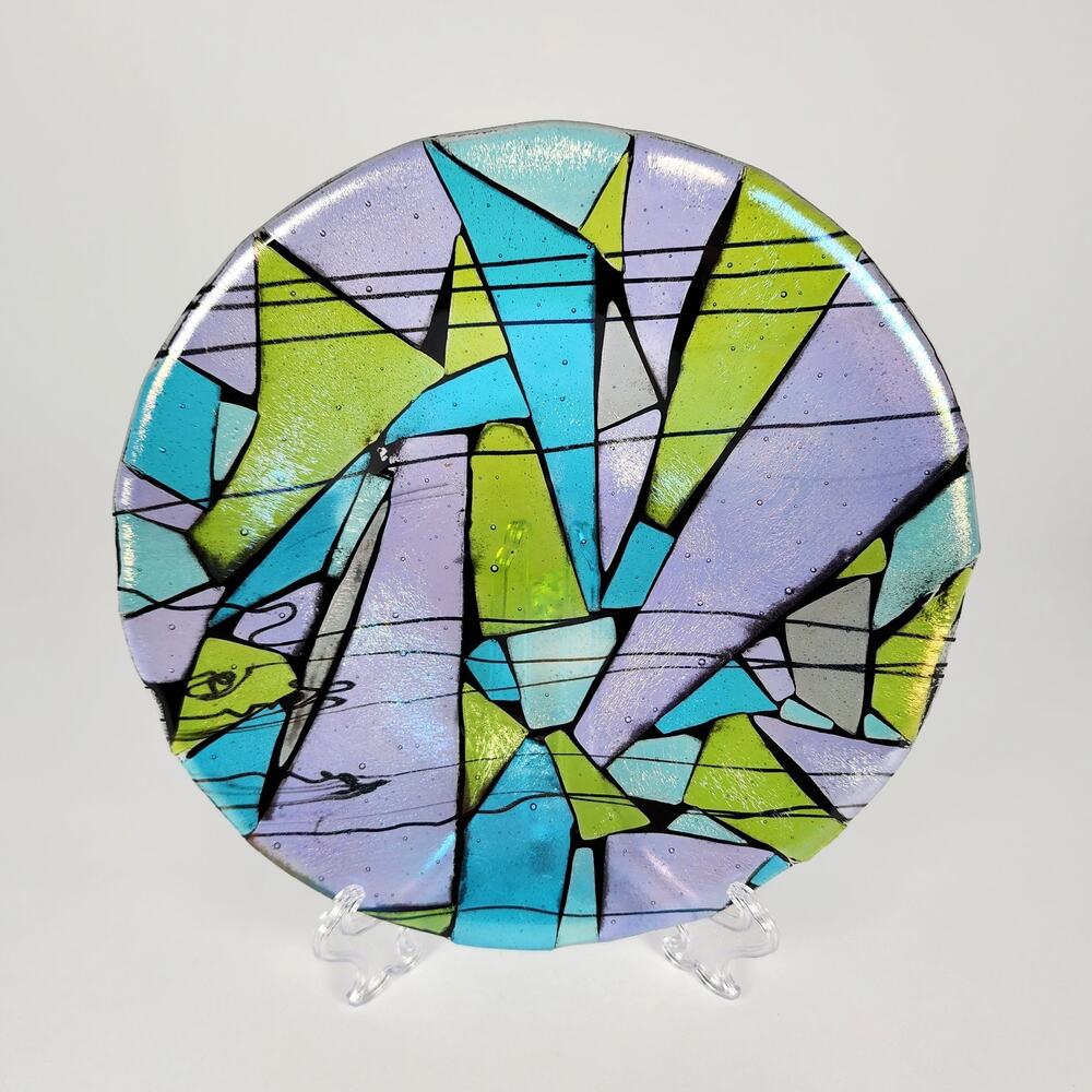 Abstract Fused Art Glass Plate Dichroic Mosaic Look Iridescent Artist Signed